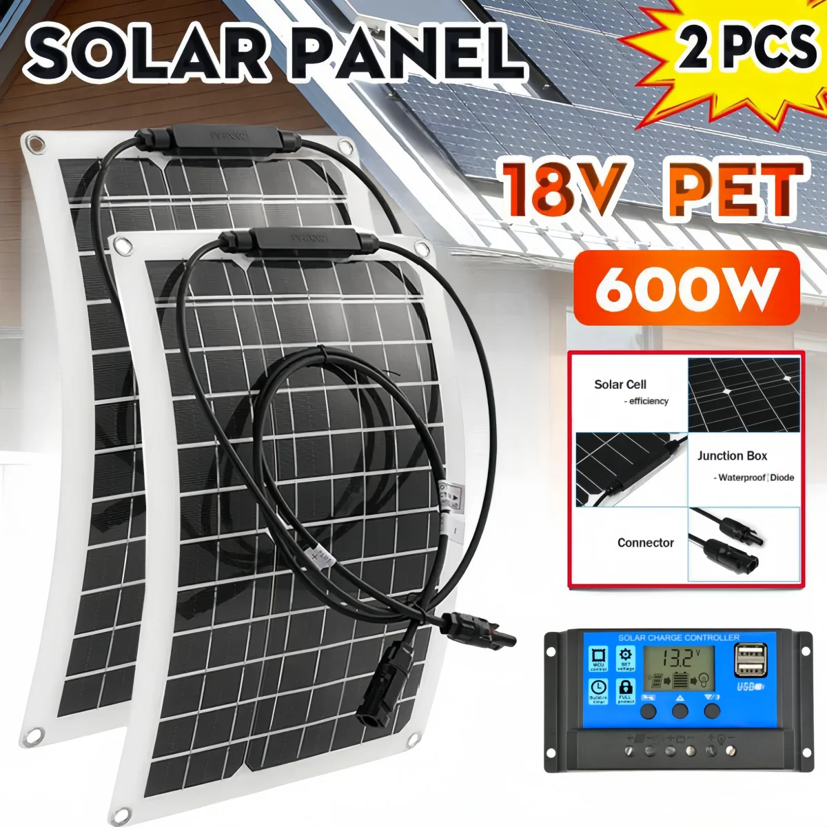 Jinko Solar Panel Cheetah - 600W ソーラーパネルキット、12V USB および 100A コントローラー付き、RV、ヨット、キャンプ、携帯電話のバッテリー充電器用ソーラーバッテリー