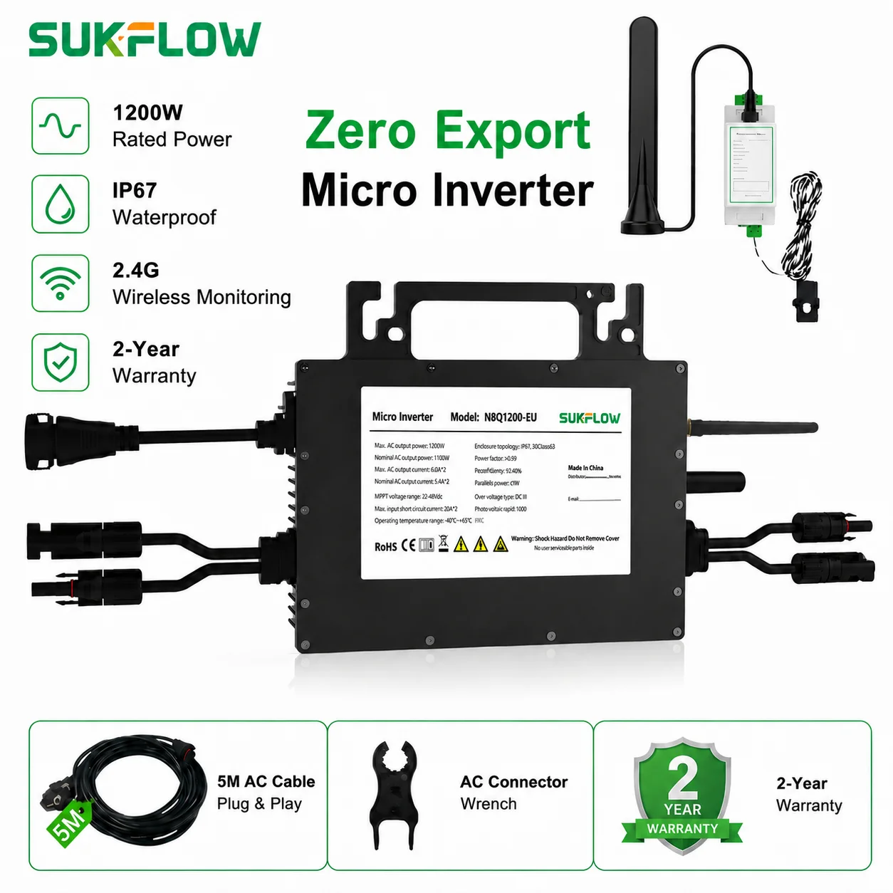 Grid Tie Micro Inverter - SUKFLOW Zero Expert 1200W グリッドタイマイクロインバーター（5M ACケーブル内蔵、WiFi＆Bluetooth